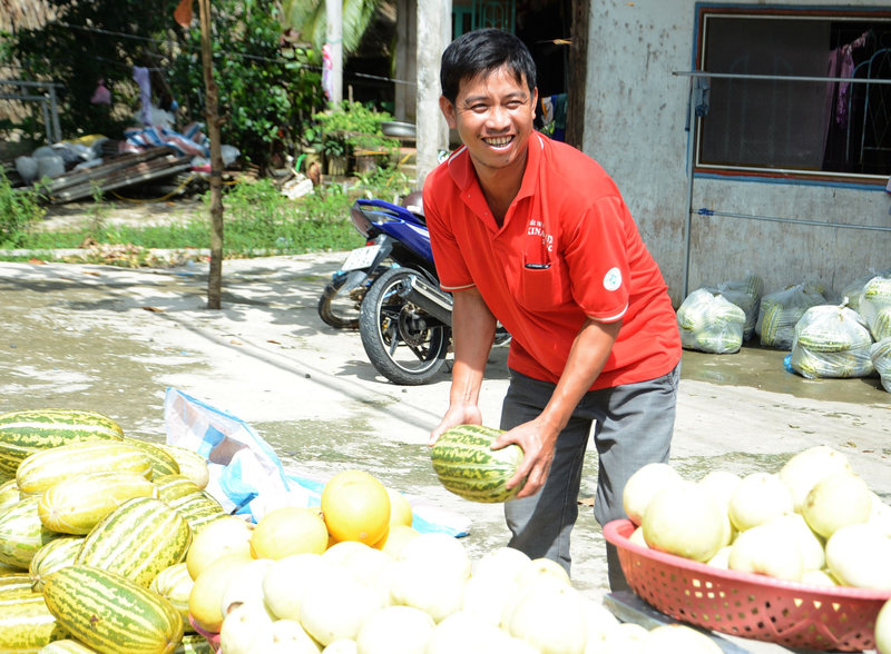 Anh Phan Chí Công với sản phẩm dưa hoàng kim, dưa gang được trồng tại ấp Bình Minh, xã Vĩnh Bình Bắc-Vĩnh Thuận